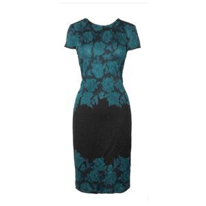 St. John Dress Aegean Metallic Floral Jacquard Knit Dress Sz 8 Green/Black